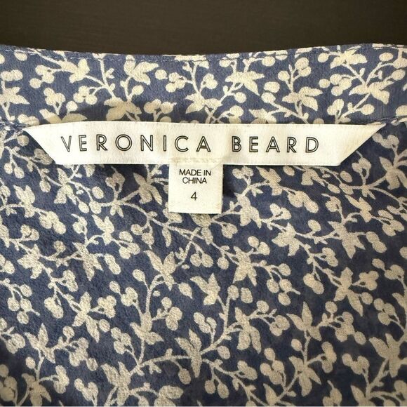 Veronica Beard Blouse Sz 4 Blue White Floral V Neck Long Sleeve Sheer Silk Boho - Picture 11 of 15